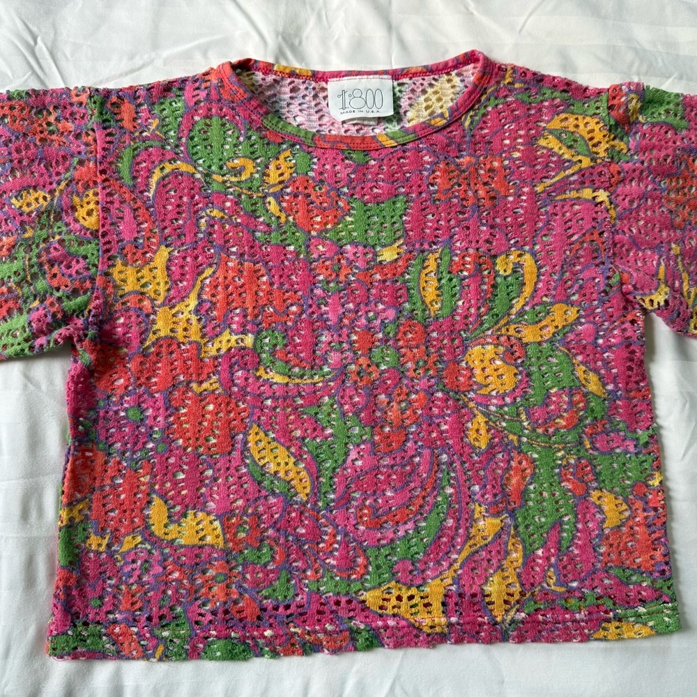 Vintage 90s Girls Size 10 Multicolor Short Sleeve Pullover Mesh Top USA